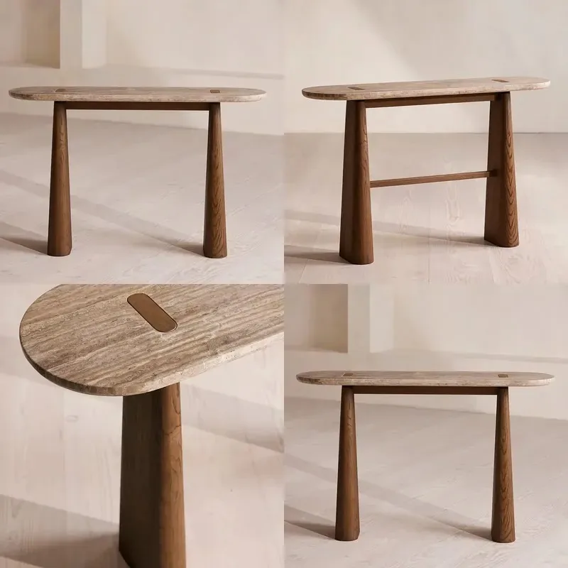 Modern Oval Coffee Table with Limestone Top and Wooden Legs Simple Side Table for Living Room Home Furniture
