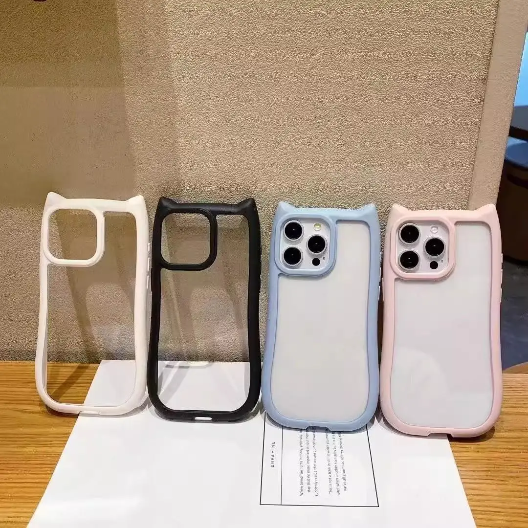 3D Cute Cat Ear Candy Color Case For iPhone 15 Pro Max 14 13 12 11 8X XS XR Cover Transparent Couqe Hard Acrylic Shockproof