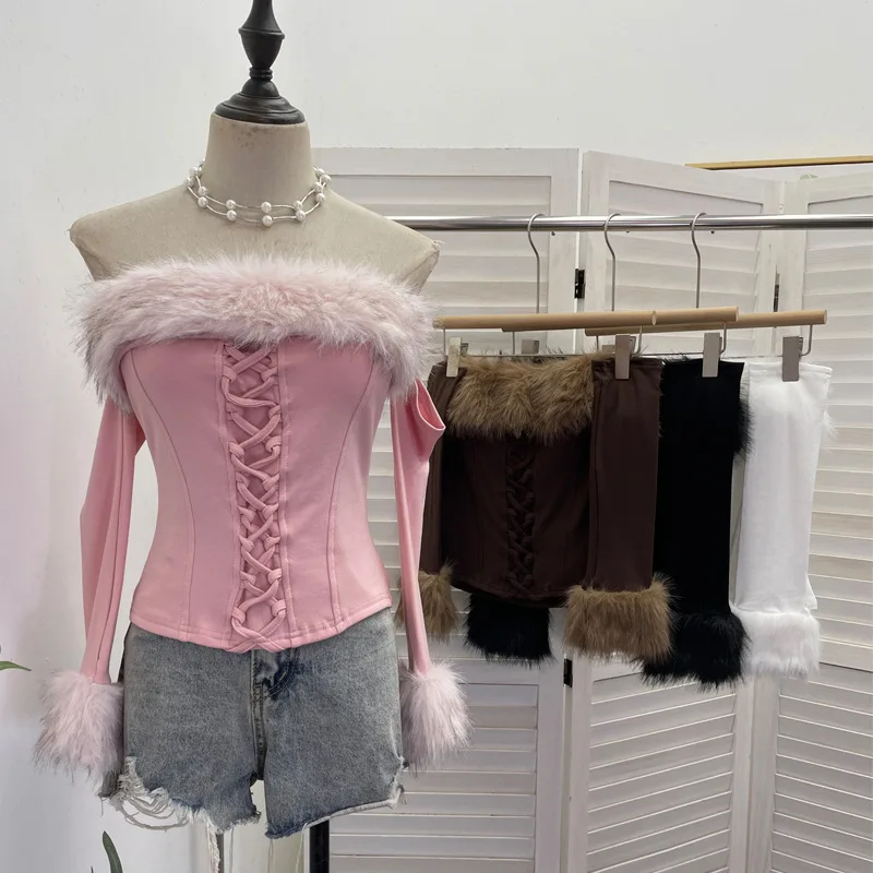 With Sleeves Fluffy Splicing with Chest Pads Straps Decorative Tube Top Short Slim Strapless Top Women