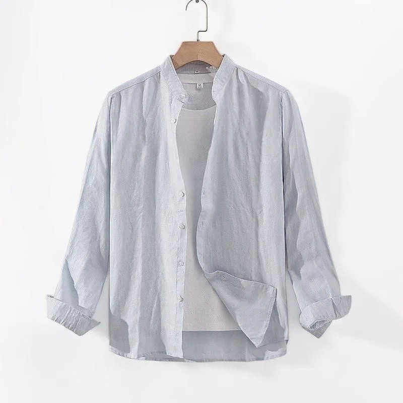 High-End Linen Long Sleeve Shirt Men's Summer Thin Casual Loose Top New Chinese Style National Trend Men's Clothing