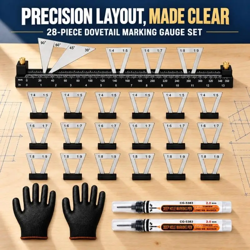 Dovetail Marking Set with Adjustable Width and Spacing, Two Measurement References, 2 Markers, and Work Gloves for Wood 87HA