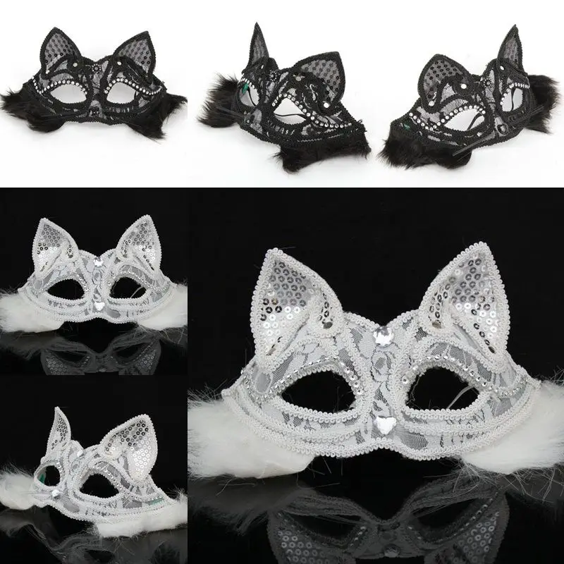 

Venetian Cat Women Masquerade Masks Fox Lace Rhinestone Sequins Halloween Party Prom Cosplay Custumes Accessories Black White