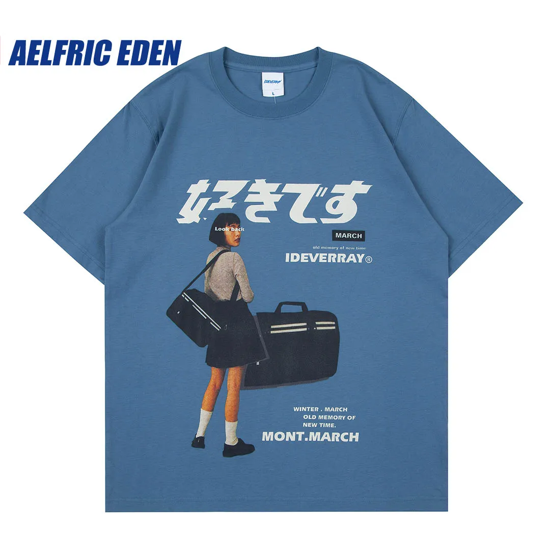 Aelfric Eden Japanese Girl Graphic Tee Streetwear Harajuku Kanji Print Tshirt Summer Short Sleeve T-Shirt Cotton Loose Tops Tees