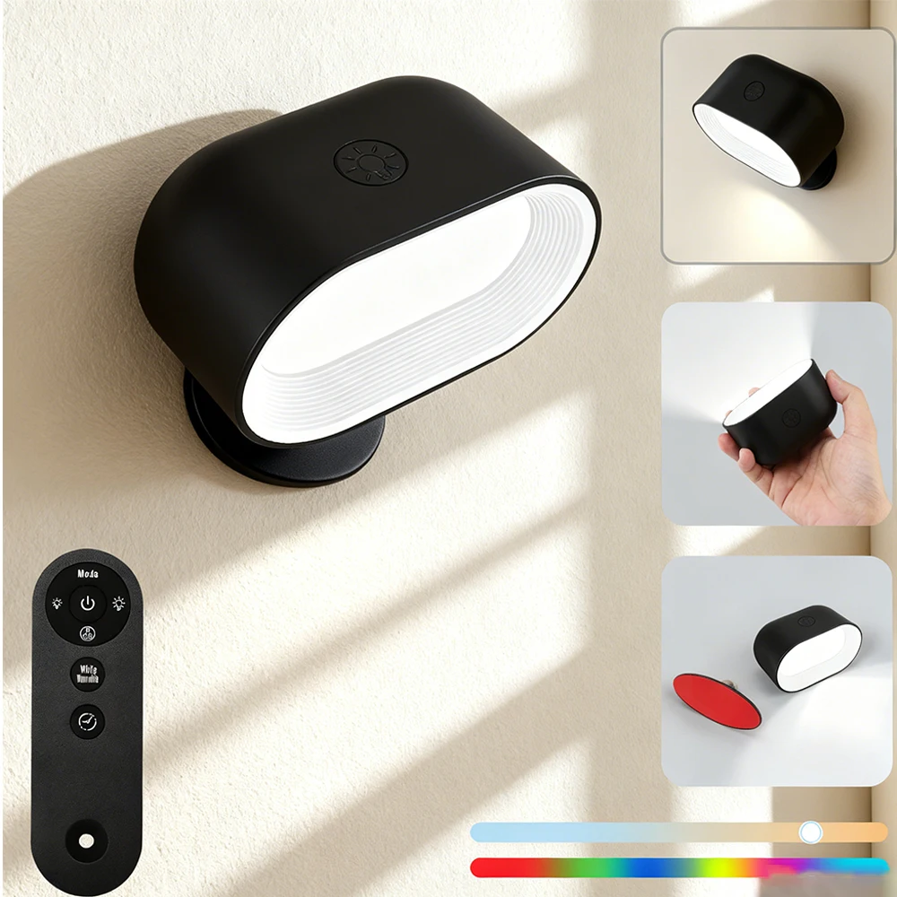 

Светодиодные настенные светильники, перезаряжаемые через USB бра, лампа, 3-цветный пульт дистанционного управления и сенсорный на 360 градусов ° Вращающийся настенный светильник с регулируемой яркостью для спальни