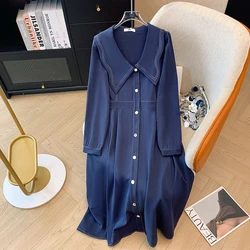 Plus-size women's spring and fall casual commuting loose comfortable dress navy blue retro style button-up long-sleeved dress