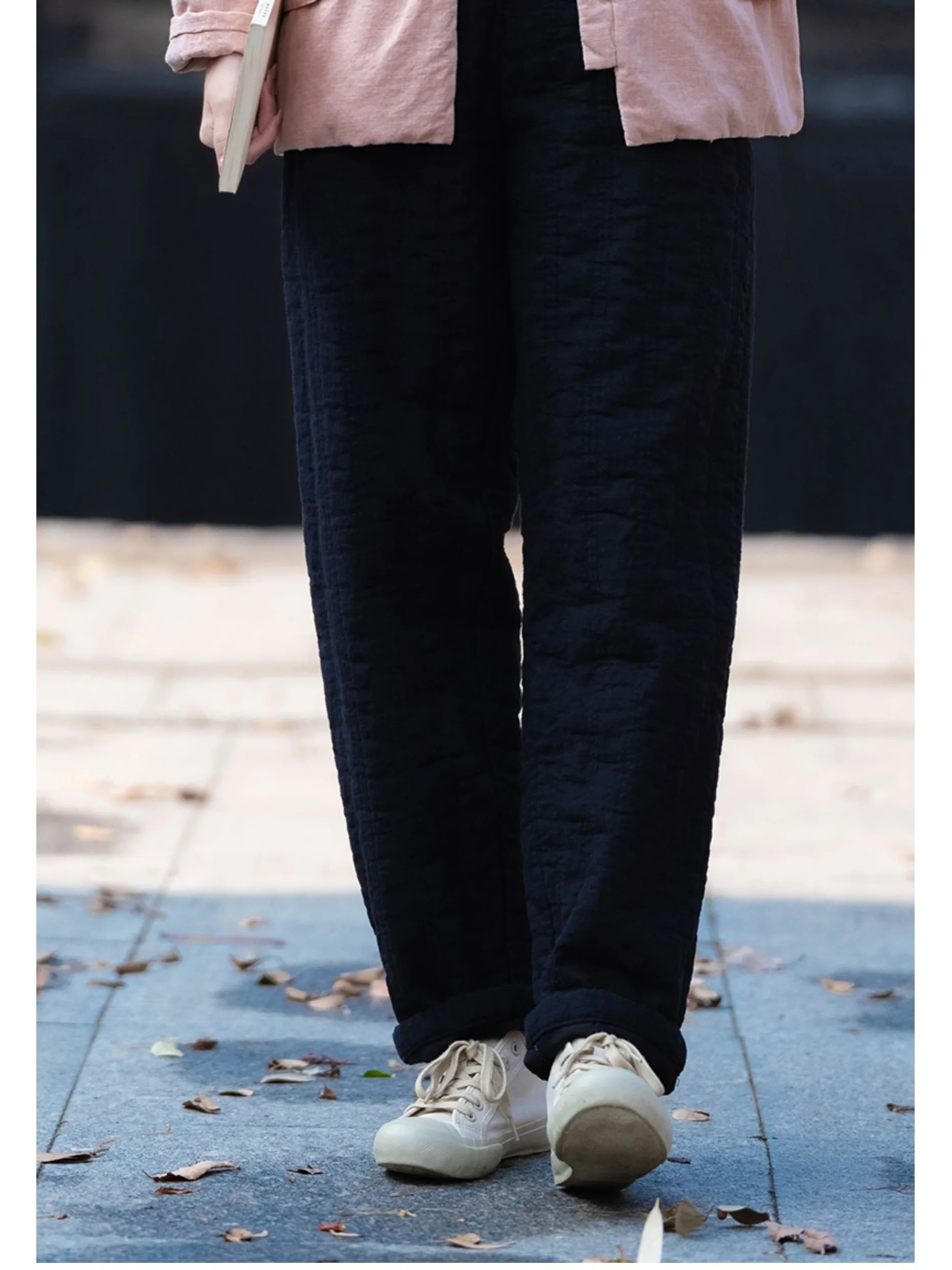 กางเกงผ้าฝ้ายลินินไซส์ใหญ่สำหรับผู้หญิง กางเกงขายาวลำลองอุ่นสบาย ผ้าฝ้ายผสมสไตล์เรโทรทรงสลิมสำหรับคุณแม่ สไตล์จีน...