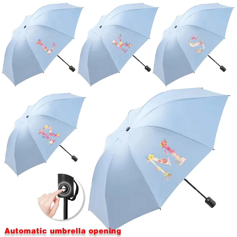 

Automatic Umbrella Portable Sunshade Sunscreen Blue Handle Foldable Use Rain Umbrellas Pink Printing Travel Sun Rain Dual