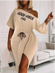 LW Plus Size Letter Print Drawstring High Split Dress Summer Streetwear Print Dresses For Women Female Elegant Maxi dress