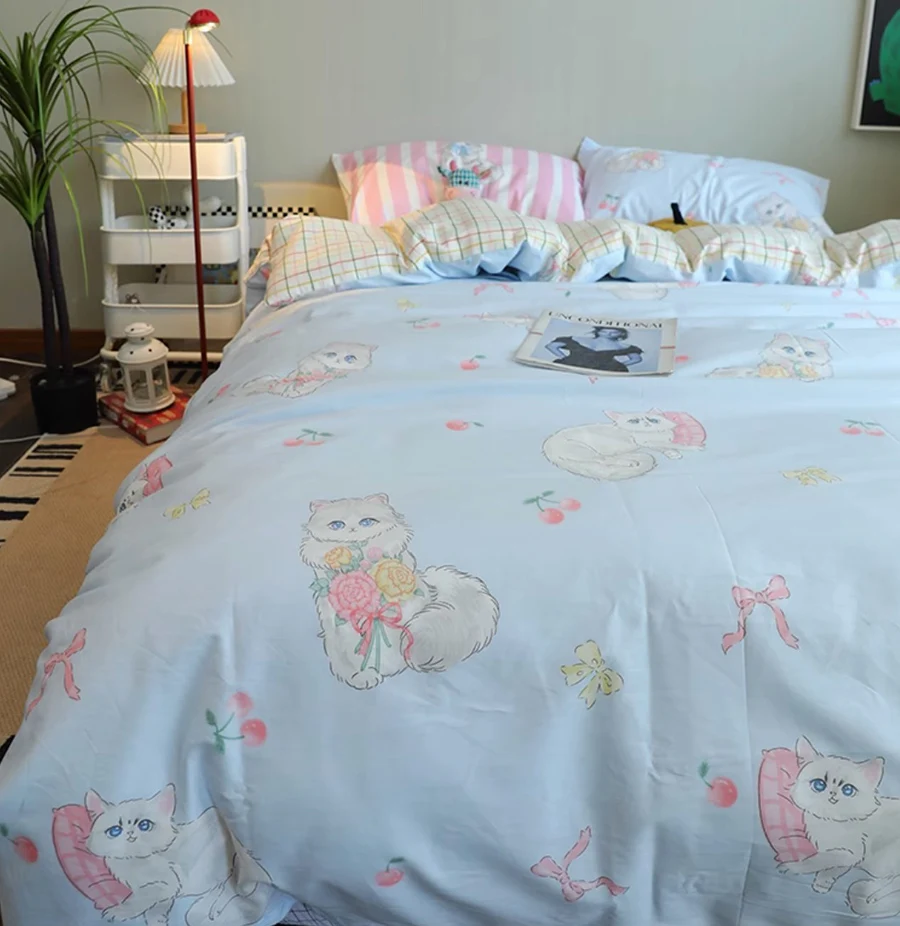 Cute cartoon blue cat bedding set kid single double,twin full queen lovely cotton home textile bed sheet pillow case quilt cover