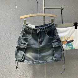 2024 Summer Fashion Character Half Skirt Personalized 3D Strap Pocket Water Washed Elastic Workwear Denim Short Skirt