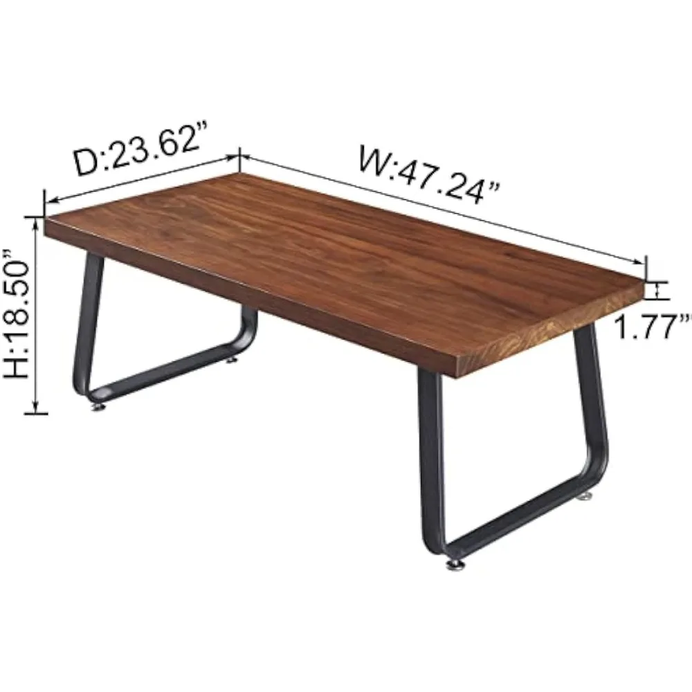 Coffee table, metal industrial solid wood table, modern farmhouse rectangular vintage tea table, brown 47 inches, coffee table