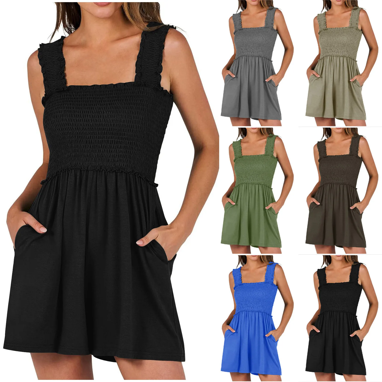 

Women's One-piece Rompers Casual Sleeveless Shorts Square Neck Jumpsuit Solid Color Pleated Elastic Tank Tops Rompers Playsuits