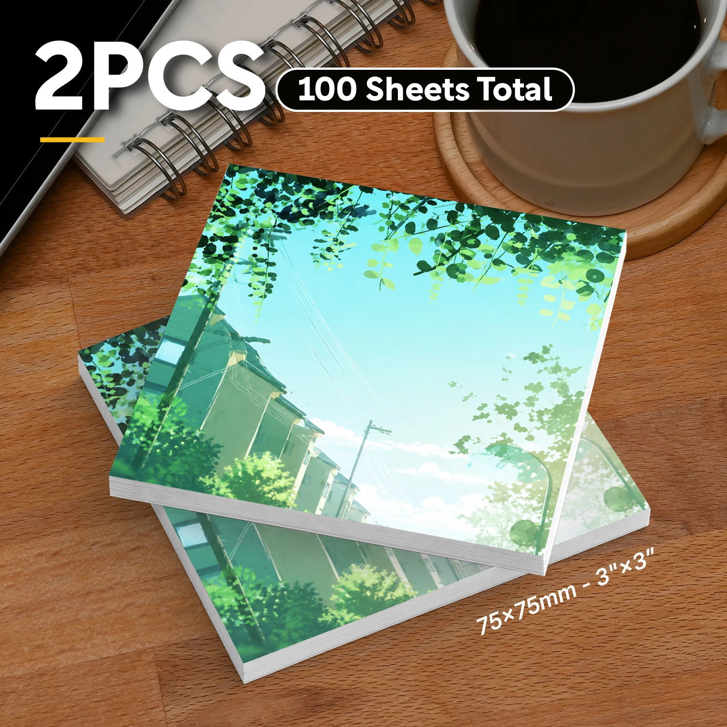 2pcs Green Nature Sticky Notes Set, Aesthetic Campus Scenery Self Stick Memo Pads, 100 Sheets Total, Fresh Leaves Landscape Note