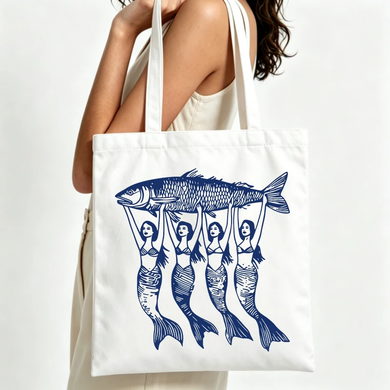 Mermaid And Fish Graphic Canvas Tote Bag With Artistic Print Ideal For Casual Shopping And Summer Outings