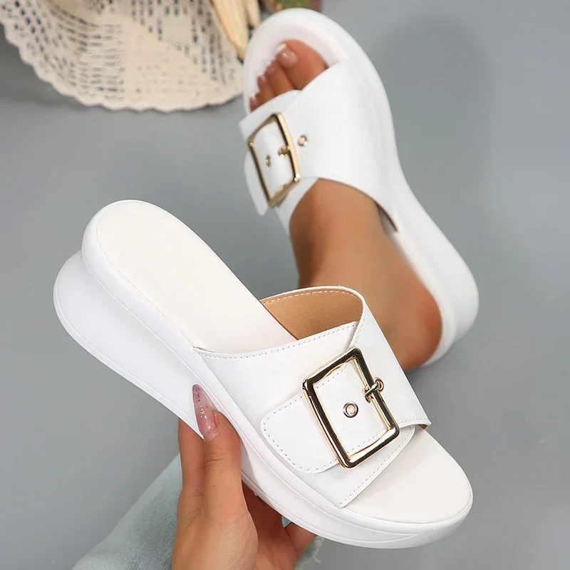 

Women Shoes Metal Buckle Wedge Heel Sandals Women Summer 2025 Leather Thick Bottom Slides Woman Light High Heeled Beach Sandals