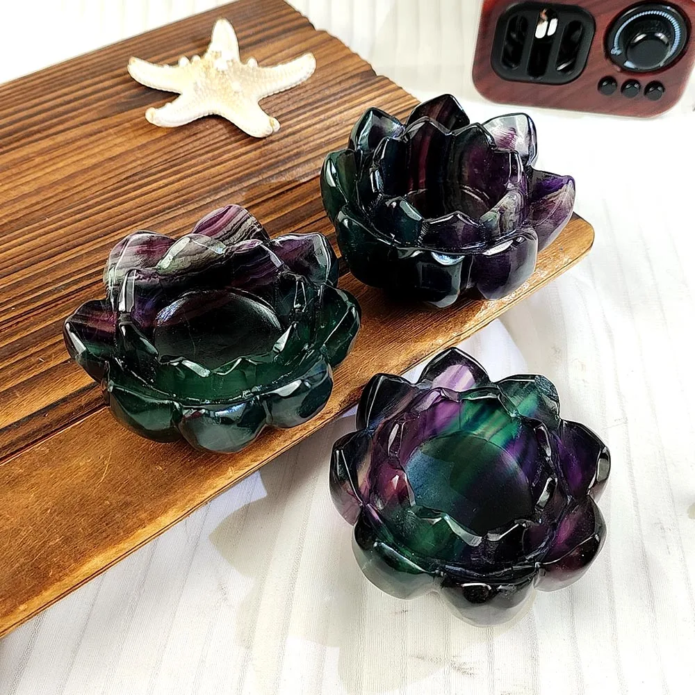 

Natural Crystal Colorful Fluorite Lotus Plate Shaped Hand Carved Beautiful Healing Home Decor Candle Holder Reiki Ornament Gifts