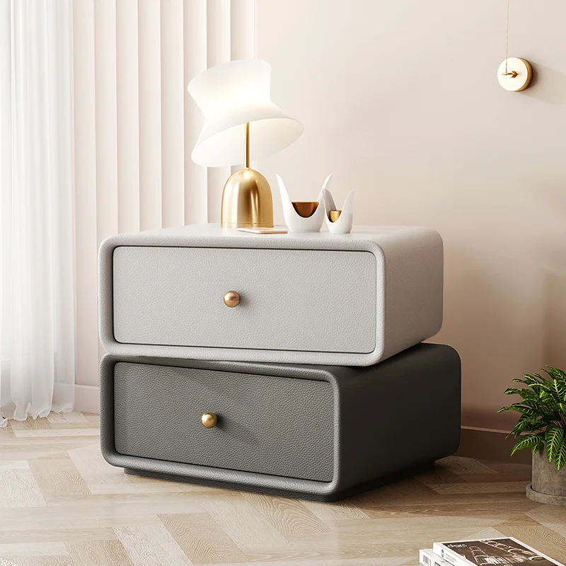 Creative Rotating Bedside Table Wooden 2 Drawers Storage Cabinet Leather Solid Color Factory Direct Bedroom Nightstands