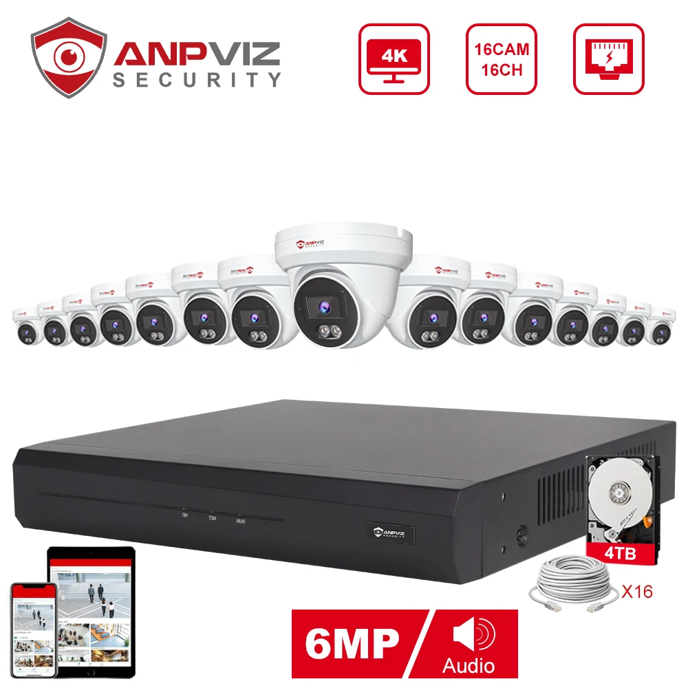 

Anpviz NVR 16CH NVR 6MP POE IP Camera System Outdoor CCTV Video Security Surveillance Kit IP66 IR 30m Humanoid vehicle Detection