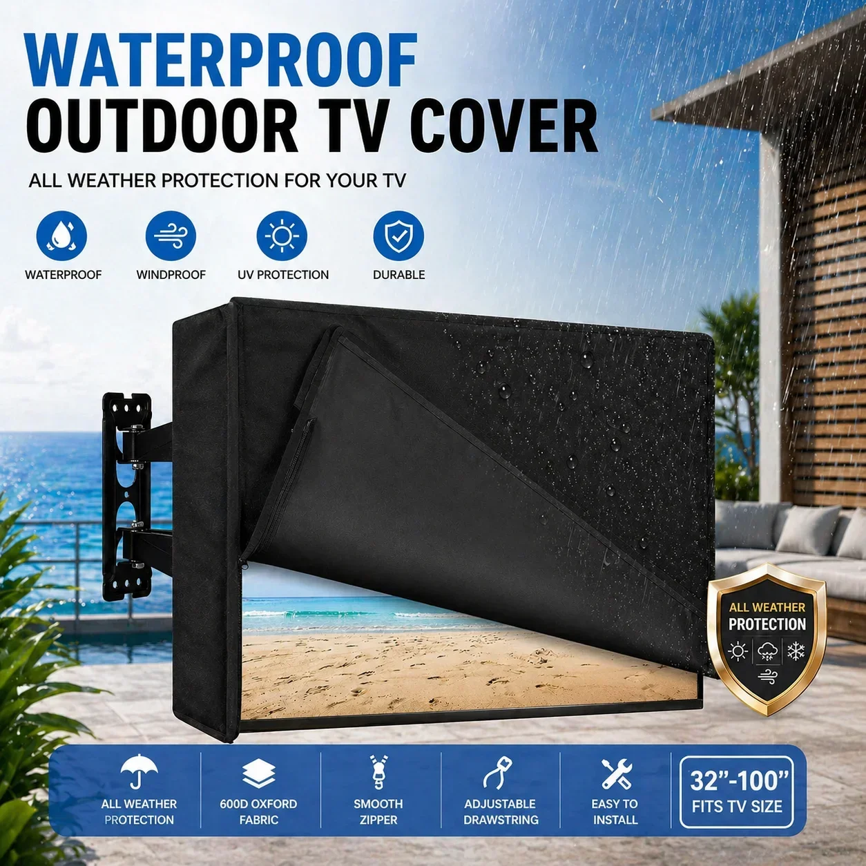 Outdoor TV Cover Waterproof Oxford Fabric Weatherproof TV Cover UV Wind Dust Protection for Patio Garden TV Zipper Roll Up Easy