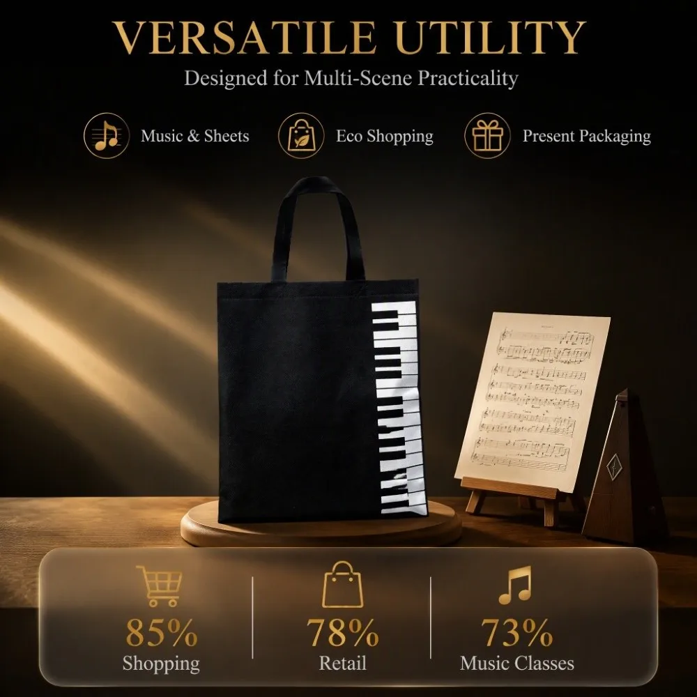 Reusable Reusable Music Handbag Non-woven Fabric Black + White Piano Keys Tote Large Capacity Grocery Tote Bag Daily Commute