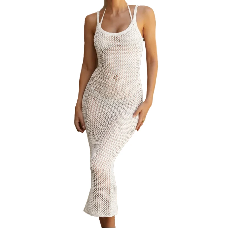 

Women Sleeveless Backless Long Bandage Dress Sexy See-through Crochet Swimsuit Beach Sheer Knit Bikini Cover-Up Female Swimwear