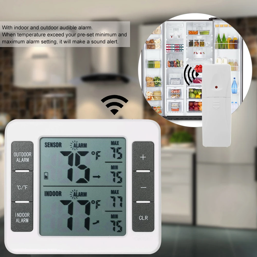 Wireless Digital Refrigerator Thermometer Audible Alarm Indoor Outdoor Thermometer with Sensor Freezer Thermometer