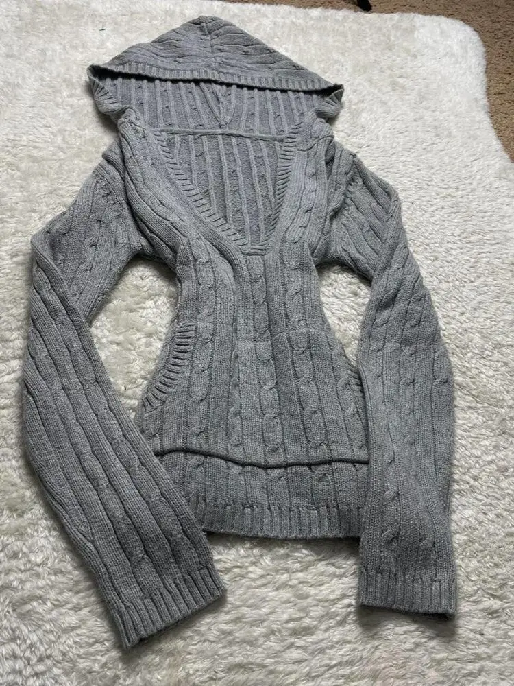 

Autumn Winter New Soft Knitted Sweater Women Vintage Long Sleeve Deep V-neck Hooded Y2k Tops Female Chic Korean Popular Clothes