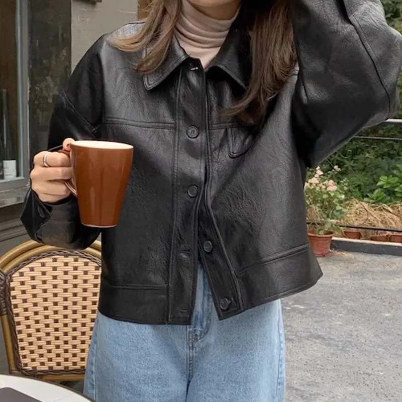 Classic Lapel Collar Pu Leather Jacket Women Outerwear Korean Chic Zipper Overcoat Retro Windbreaker Jackets Streetwear