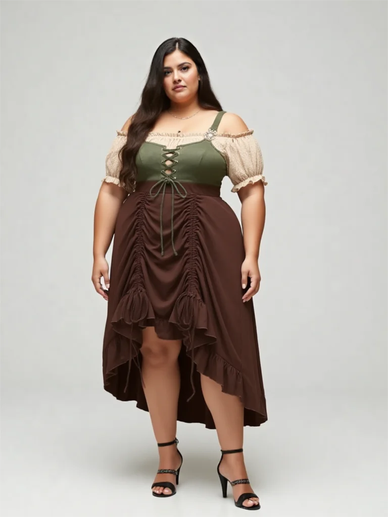 

ROSEGAL Plus Size Vintage Dresses Medieval Renaissance Cold Shoulder Puff Sleeves Cinched Lace Up High Low Asymmetric Dress