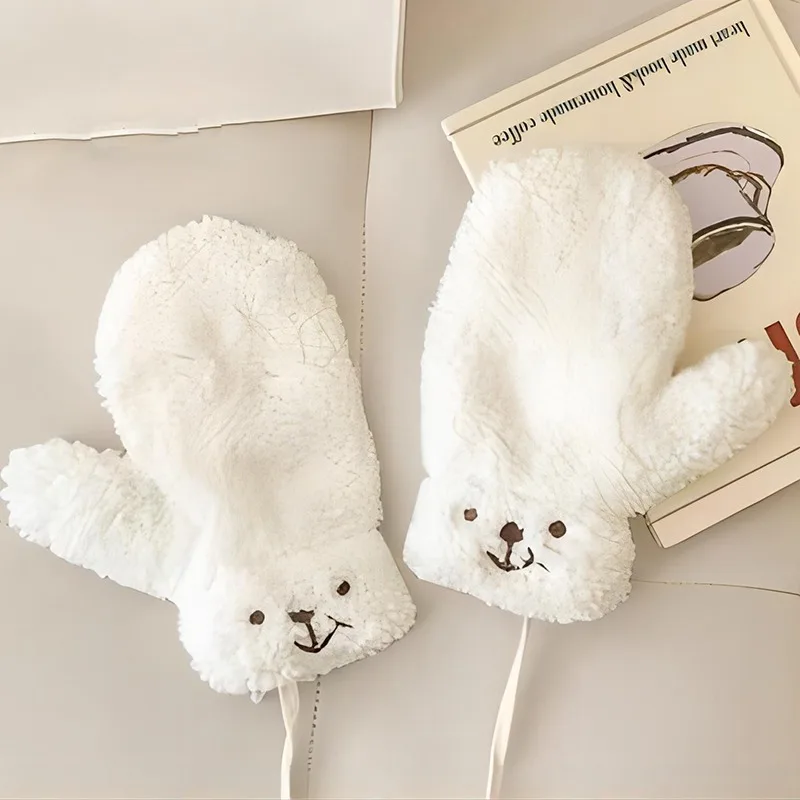 

Cute Cartoon Teddy Bear Plush Gloves Super Soft Furry Warm Comfortable INS Kawaii Glove Hangable Neck Velvet Thickened Windproof