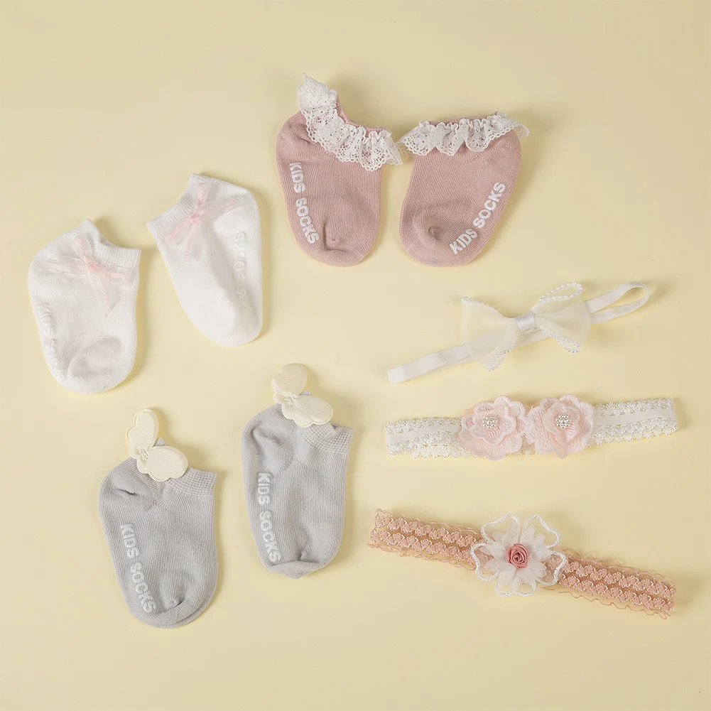 3Pcs/Set Lace Flower Baby Headbands Socks Wing Bow Cotton Non-slip Anklet 0-12M Stockings Wide Elastic Hairbands Infant Socks