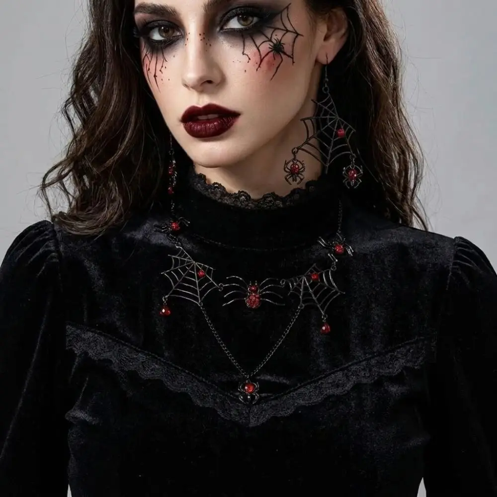 New Rhinestone Halloween Spider Black-Toned Ornate Gothic Jewelry Set Zinc Alloy Eye-Catching Earring Set Party-Wear