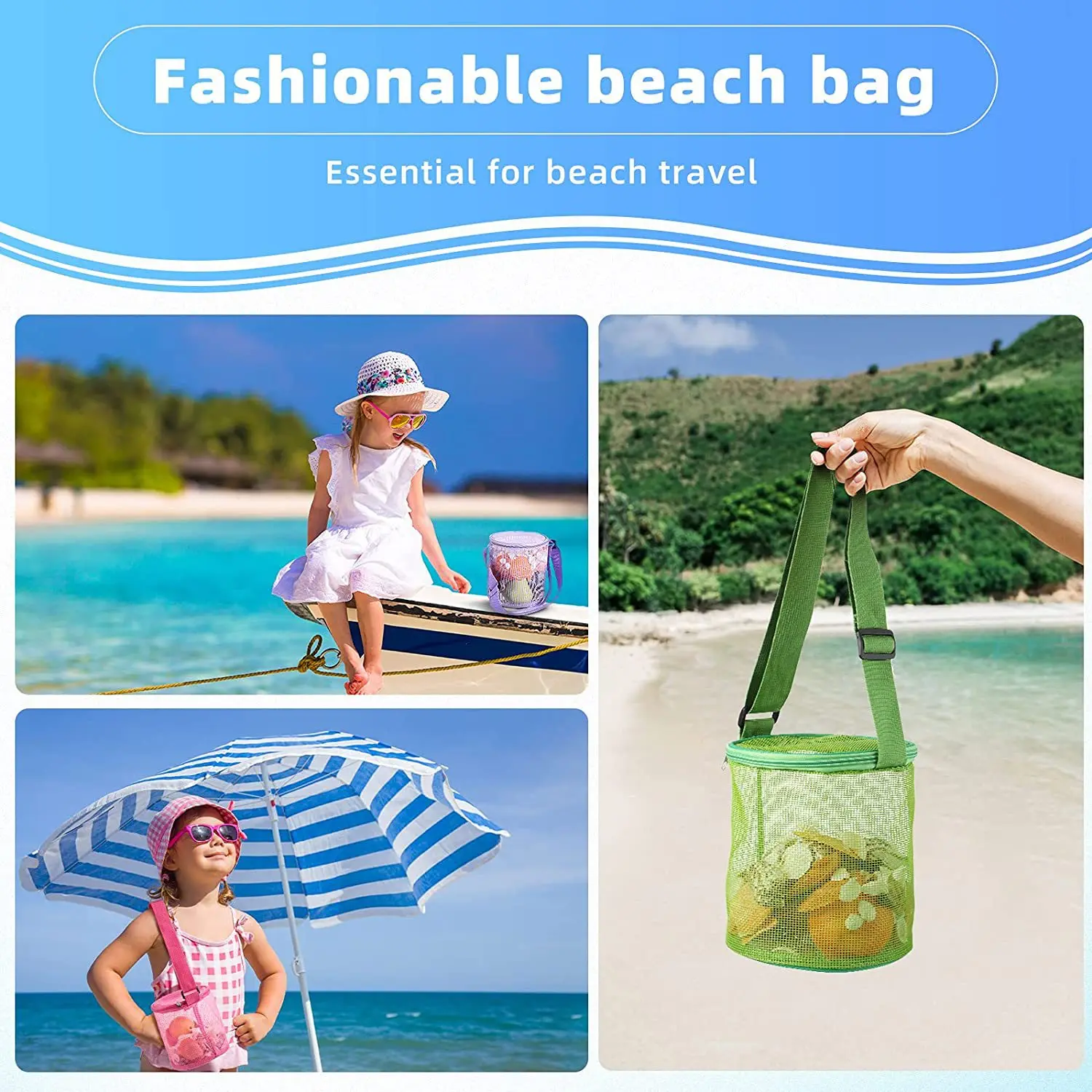 Mesh Shell Collection Bag for Kids, Round Sand Bucket Beach Toy with Storage, Foldable Sand Toy Bag for Shells and Beach Toys