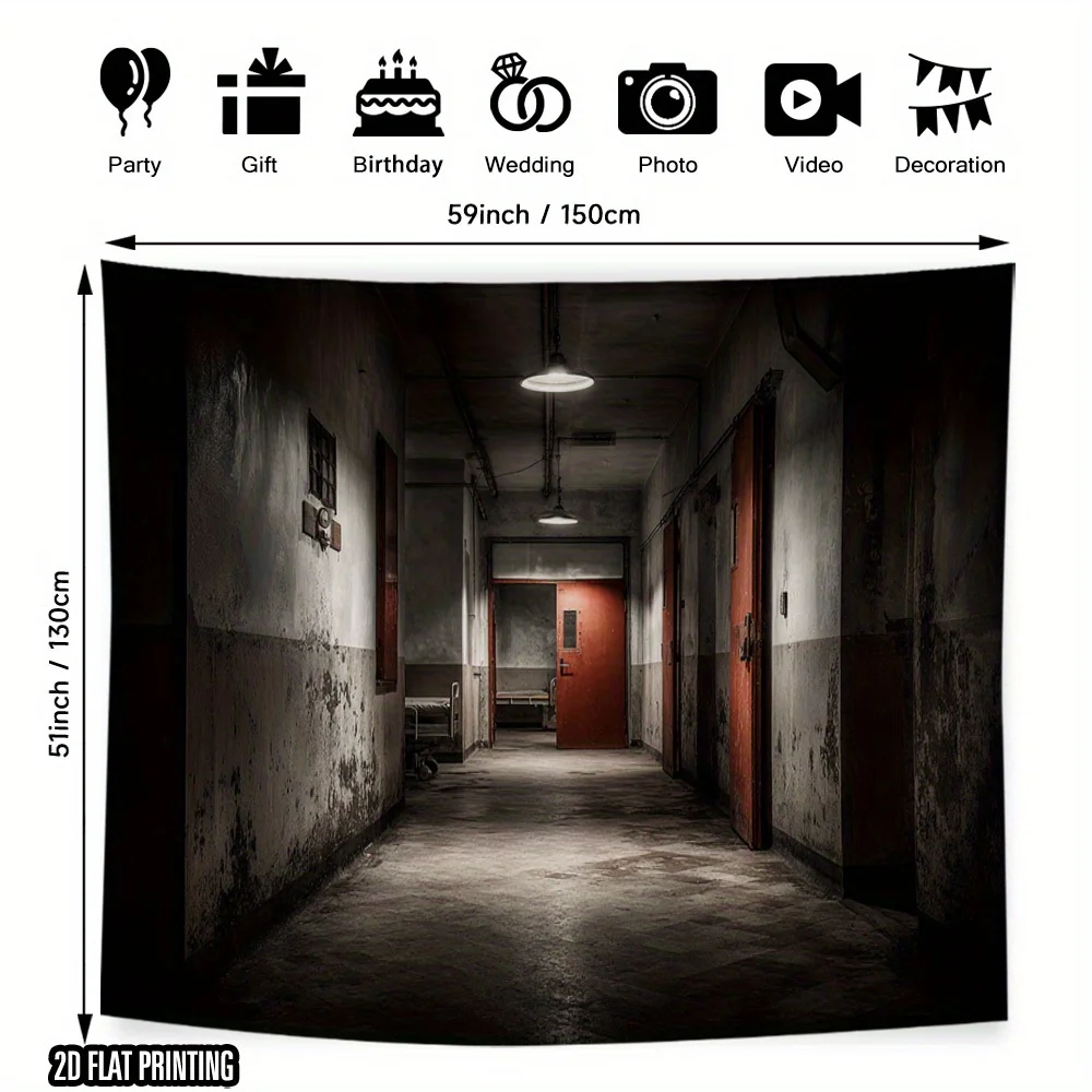 Un bannière de fond de couloir d'hôpital abandonné d'Halloween - Décoration murale en tissu polyester durable, ornement d'Halloween