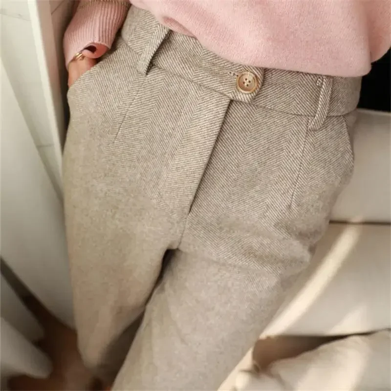 Herringbone Wool Pants Spring and Autumn Women's New High-waisted Slim Straight Leg Casual Pants Harun Small Foot Pants Trousers