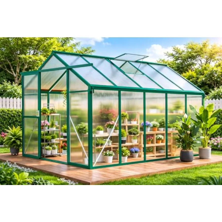 

Уличная теплица 6x10 футов с поликарбонатными панелями, зеленая, с вентиляционными окнами, раздвижной запирающейся дверью, креплениями для крепления к земле, быстрая установка
