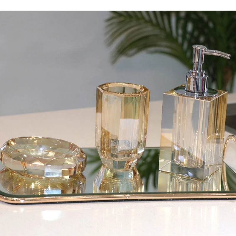 

Natural Crystal Bathroom Set Portable Soap Dispenser Shampoo Empty Bottle Amber Color Bath Supplies Mouthwash Cup Storage Tray
