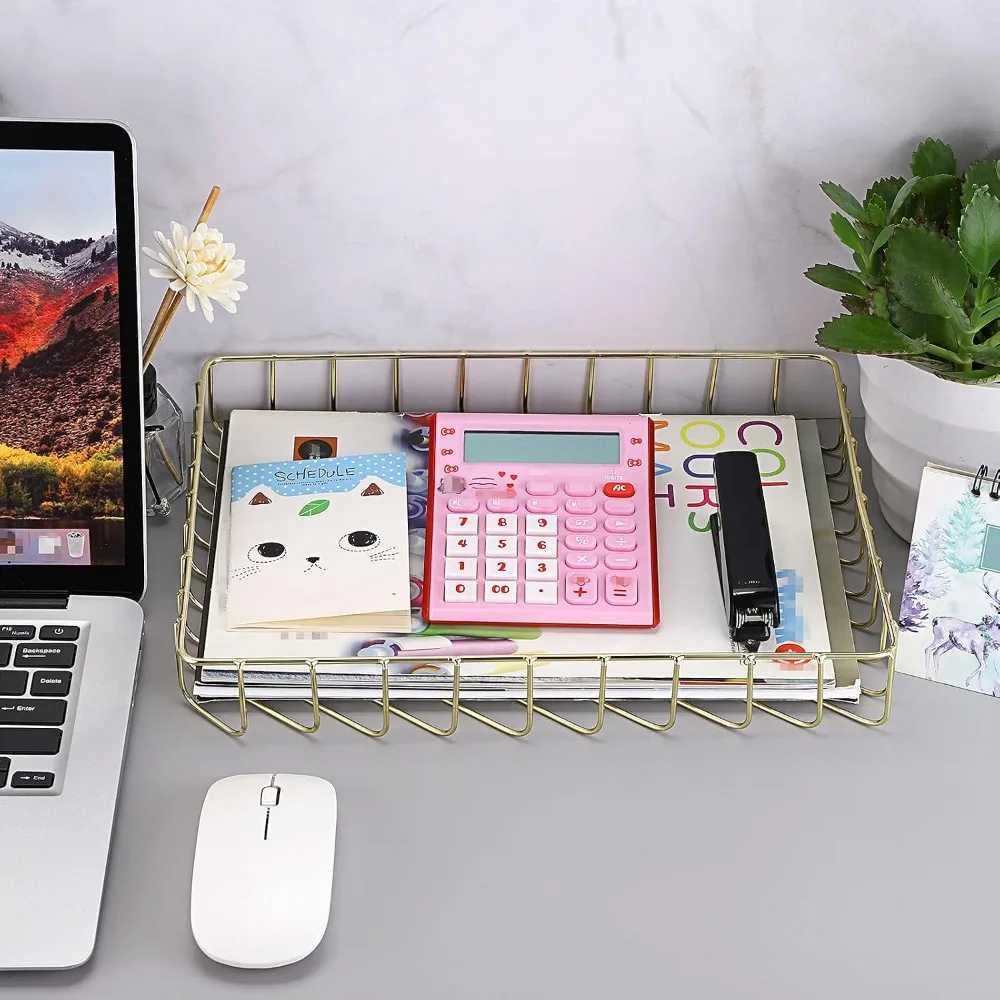 Elegant Gold Wire Desk Tray for A4/Letter Files, Magazines, Makeup & Bathroom Storage - Durable Metal Organizer Basket for Office & Home