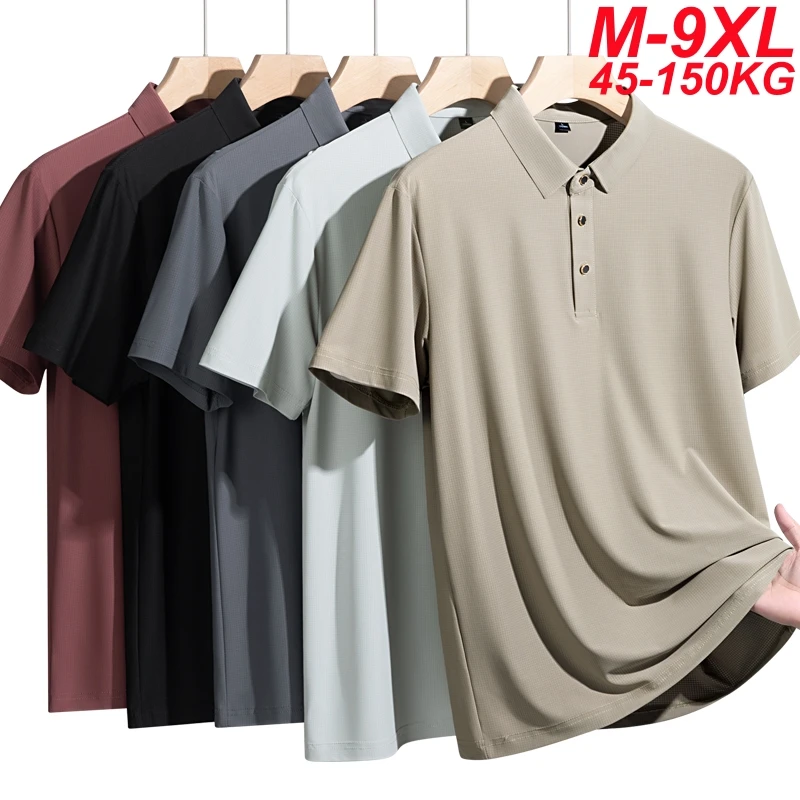 2026 New Summer Men's Plus-Size 9xl Polo Shirts Business Casual Luxury Ice Silk Loose Short-Sleeve Tops For Big Guys