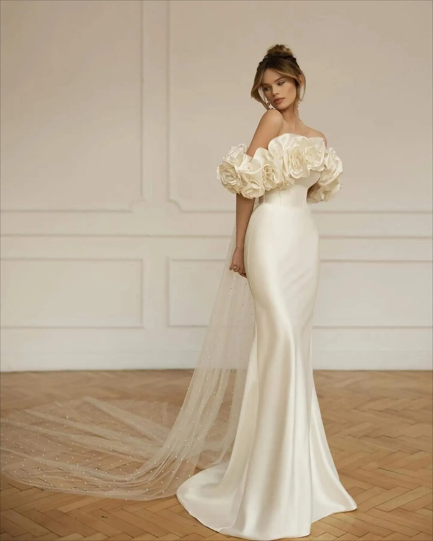 

Customized 2026 Elegant Off Shoulder Handmade 3D Flower Satin Mermaid Floor Length Wedding Dresses Bridal Gown Long Train