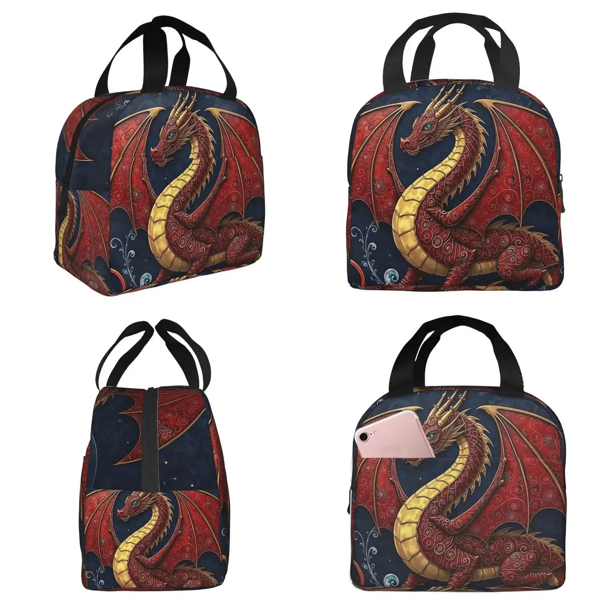 Dragon Red Moon Pattern Insulated Lunch Bag for Kids School Cooler Thermal Food Box Tote Portable Lunch Boxes Container