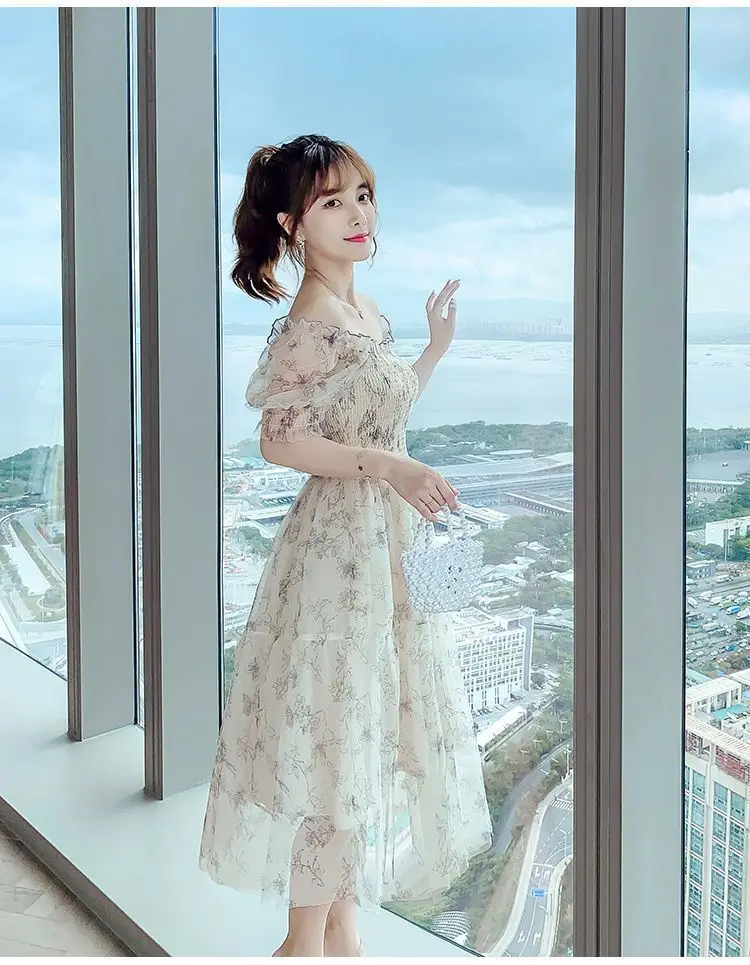 Vestidos de manga curta feminino ajuste apertado primavera gaze em camadas puff manga fofo império cintura fairycore suave adorável doce sonhador