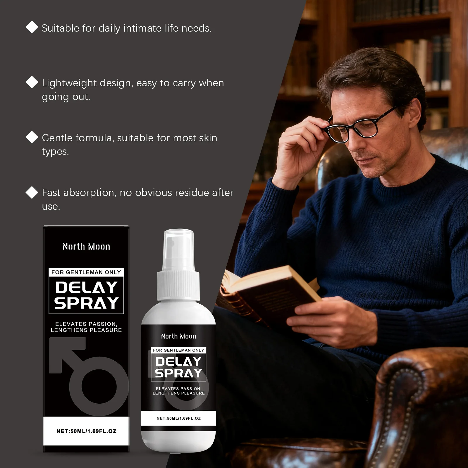 North Moon – Spray de soin du corps pour hommes, soin doux, hydrate durable, absorption rapide, améliore l'intimité, Spray Portable pour zone privée masculine