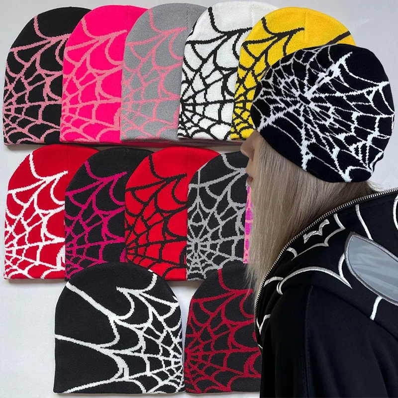 Retro Gothic Spider Web Jacquard Beanie for Women Men Caps Y2K Unisex Knitted Warmer Hip Hop Unisex Elastic Knit Hat Skull Cap