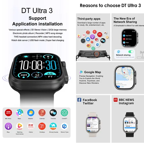Imagen 2 del producto 2026New DT Ultra 3 Pro Google mapa NFC GPS SmartWatch 32G memoria música vídeo Bluetooth llamada impermeable SmartWatch para Android iOS