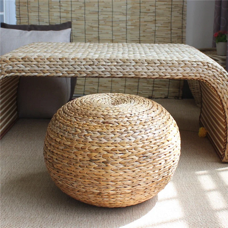 Japanese style natural straw stool sitting seat living room Spherical round  stool rattan cushion natural hand woven foot stool