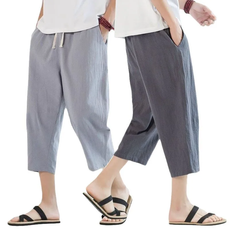 2025 new summer men's casual imitation linen seven quarter pants, thin solid color cut pants, fashionable hip-hop street sports