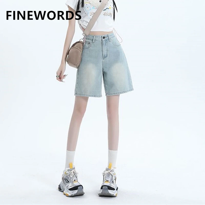 

FINEWORDS Retro Summer Wide Leg Short Jeans Women Korean High Waist Denim Shorts Easymatch Streetwear Casual Beach Middle Shorts