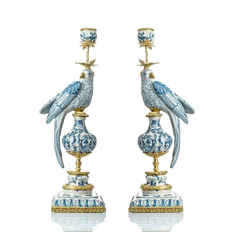 CX Pure Copper Hand-Painted Ceramic Parrot Candle Holder Ornament, American Style Entryway Classic Home Living Room Craft