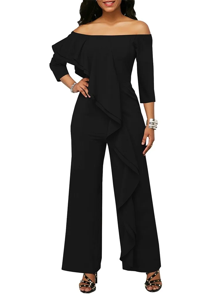 Jumpsuits for Women Off Shoulder Three Quarter Sleeve Ruffled Jumpsuit of One Fashion Casual Pieces for Women Elegant Female